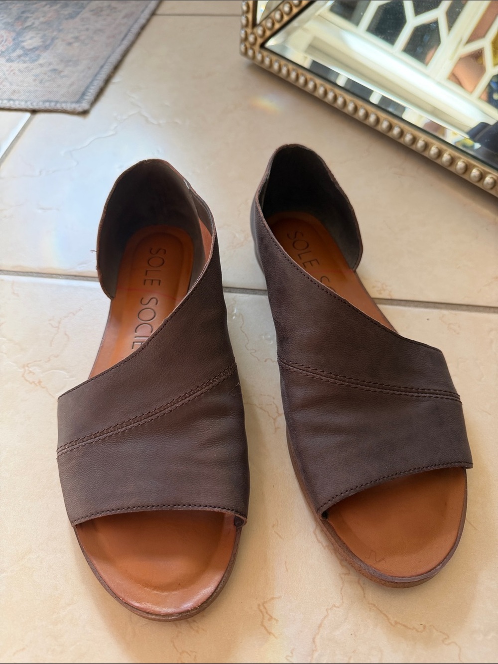 Sole Society Dark Brown Leather Open-Side Peep-Toe Mules